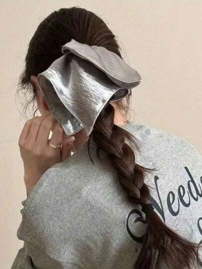 1pc Shiny Fabric Silver Square Scarf, Large Hair Scrunchie, Retro Square Hair Tie For Low Ponytail