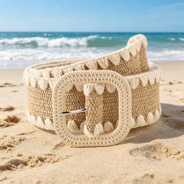 1pc Square Buckle Straw Woven Belt, Bohemian Style Suitable For Halloween, Summer, Campus, Autumn