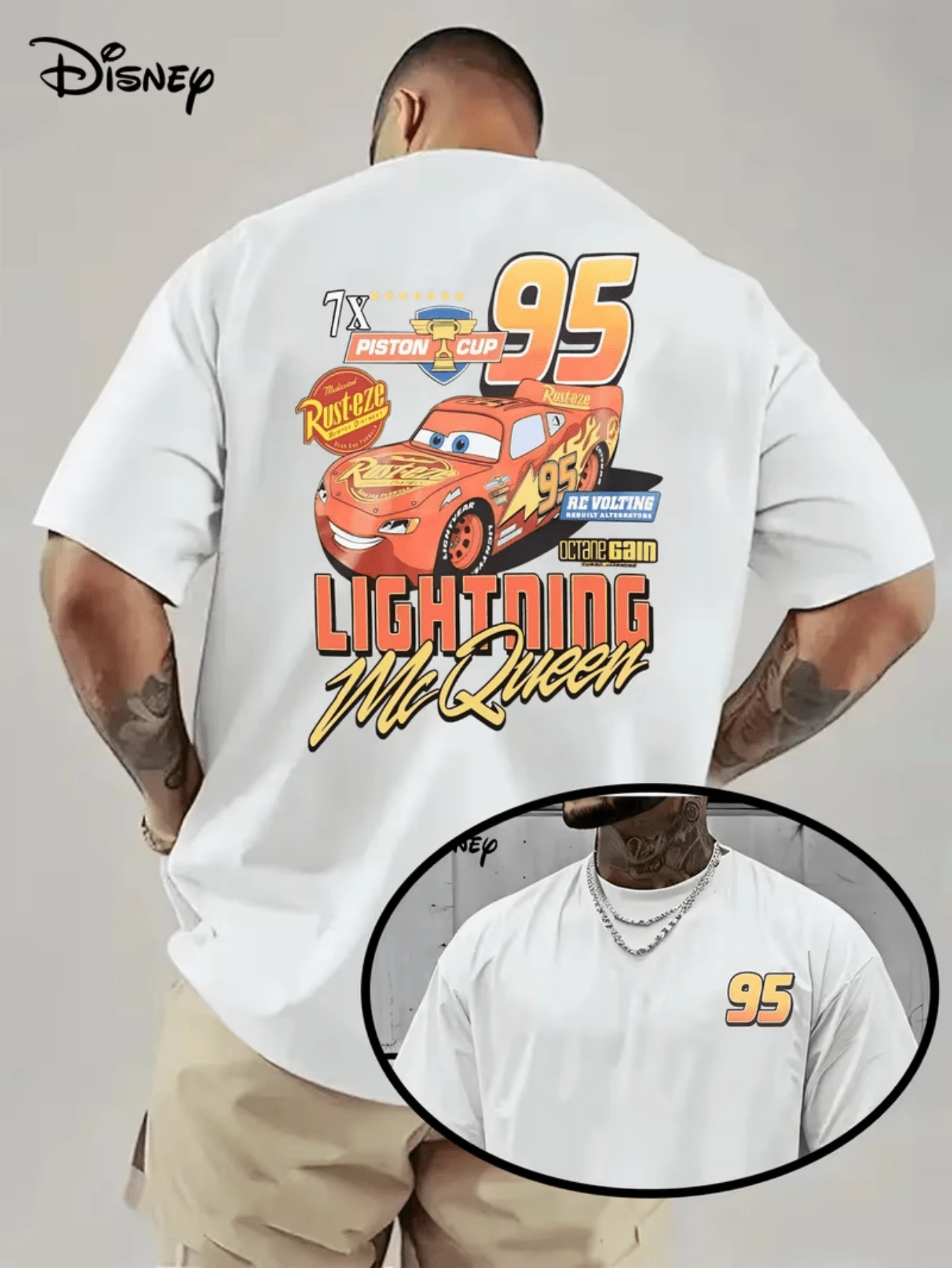 (Disney Licensed)Disney Cars Men's T-Shirt, Lightning McQueen 7x Piston Cup Champion Graphic Tee, Oversized Crew Neck Short Sleeve Casual Streetwear T-Shirt, Lightning McQueen 95 With Rust-Eze Logo Print Men's Summer Top, Disney Officially Authorized Men's Short-Sleeved T-Shirts, Mens Clothes, Men, Ropa De Hombre, Summer Clothes, Men Shirts, Graphic Tees, Disney Outfits Men, Graphic Tees, Camisetas Para Hombre, Camisas Para Hombre, Summer Outfits For Men, Father's Day Gift, Perfect Gift For Family And Friends, Which Are Necessary For Birthday Parties, Disney Shirts, Mens Clothes, Summer Clothes, Officially Licensed Disney T-Shirts, Disney Men's And Women's Spring/Summer Fashion Casual Short-Sleeve T-Shirts - 白色 - 查看 1