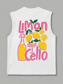 1pc Men's Summer Casual Lemon Print Round Neck Tank Top - White - View 4