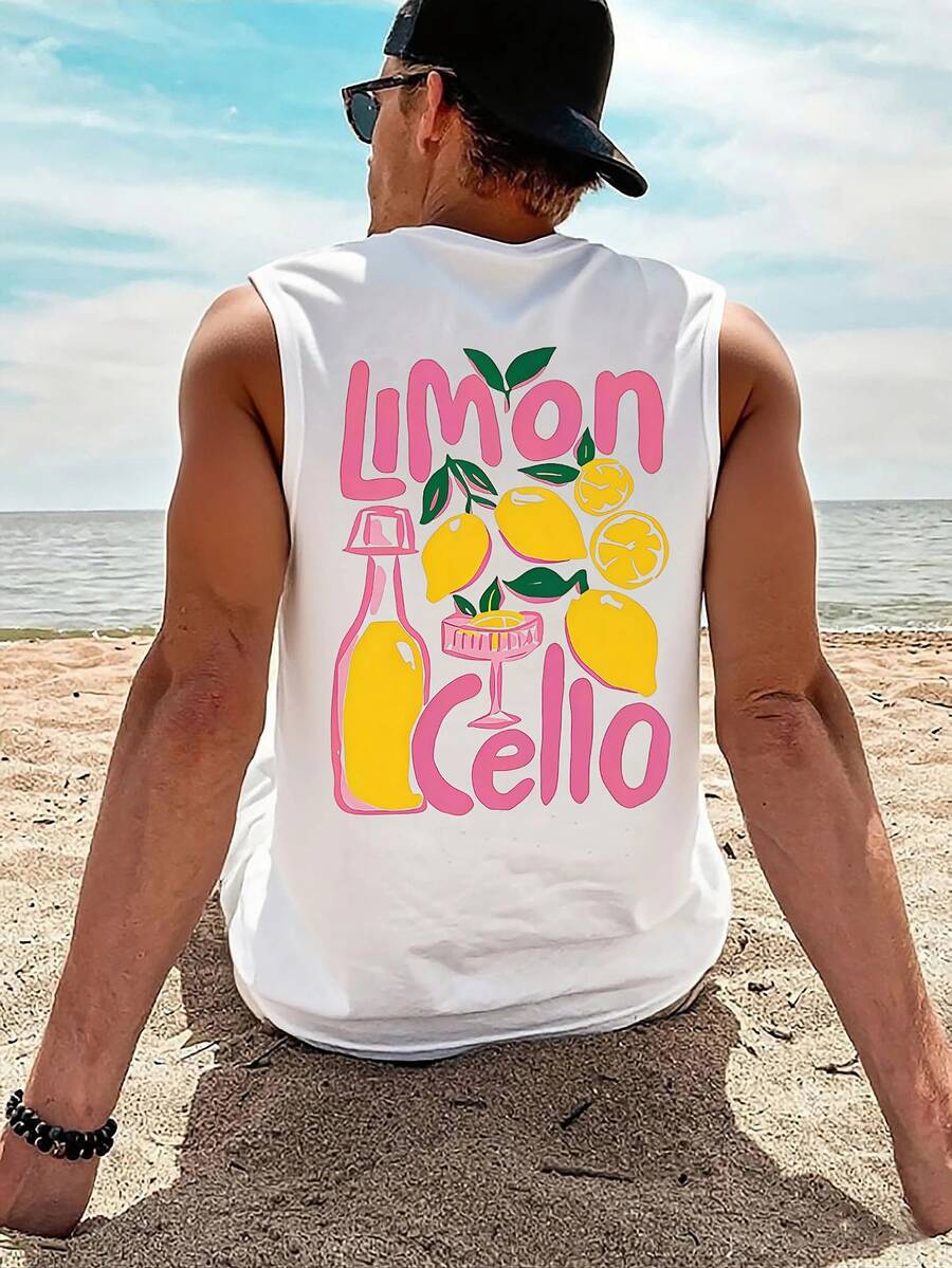 1pc Men's Summer Casual Lemon Print Round Neck Tank Top - White - View 1