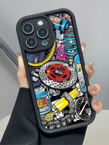 1 pieza Funda de teléfono a prueba de golpes de cobertura total con rueda mecánica negra minimalista y personalizada de TPU compatible con Apple 17, 16, 15, 14, 13, 12, 11 Pro Max, Air, aplicable a la serie - Multicolor - Ver 4