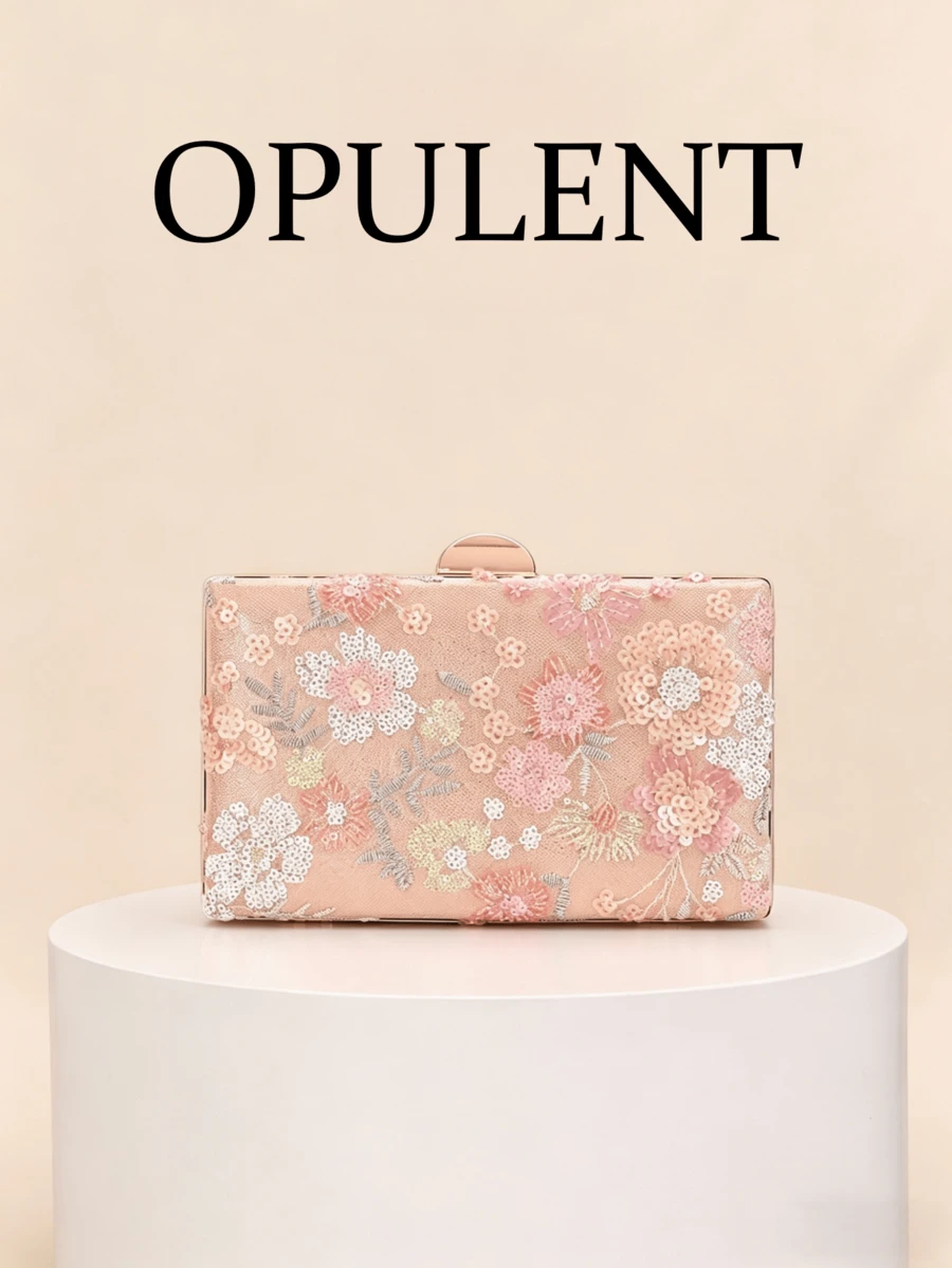 Pink Floral Sequin Embroidered Hard Case Clutch Bag, Elegant Sequin Flower Box Wallet With Detachable Chain Strap, Suitable For Weddings And Parties - Pink - View 1