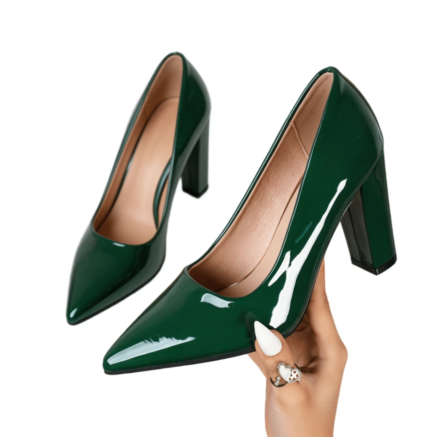Women's Green Patent Leather Block Heel Pumps – Elegant Pointed-Toe High Heels For Spring, Parties & Special Occasions - 海洋綠 - 查看 1