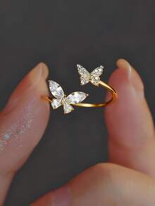 1pc Butterfly Design Micro Inlay Rhinestone Advanced Sense Ring With Adjustable Opening For Women - Gold - View 6