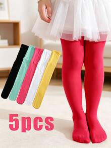 5 Pairs Girls' Solid Color Tights, High Elastic Breathable Children's Leggings, Versatile Dance Socks Multi-Color Set, Spring & Autumn - Multicolor - View 17