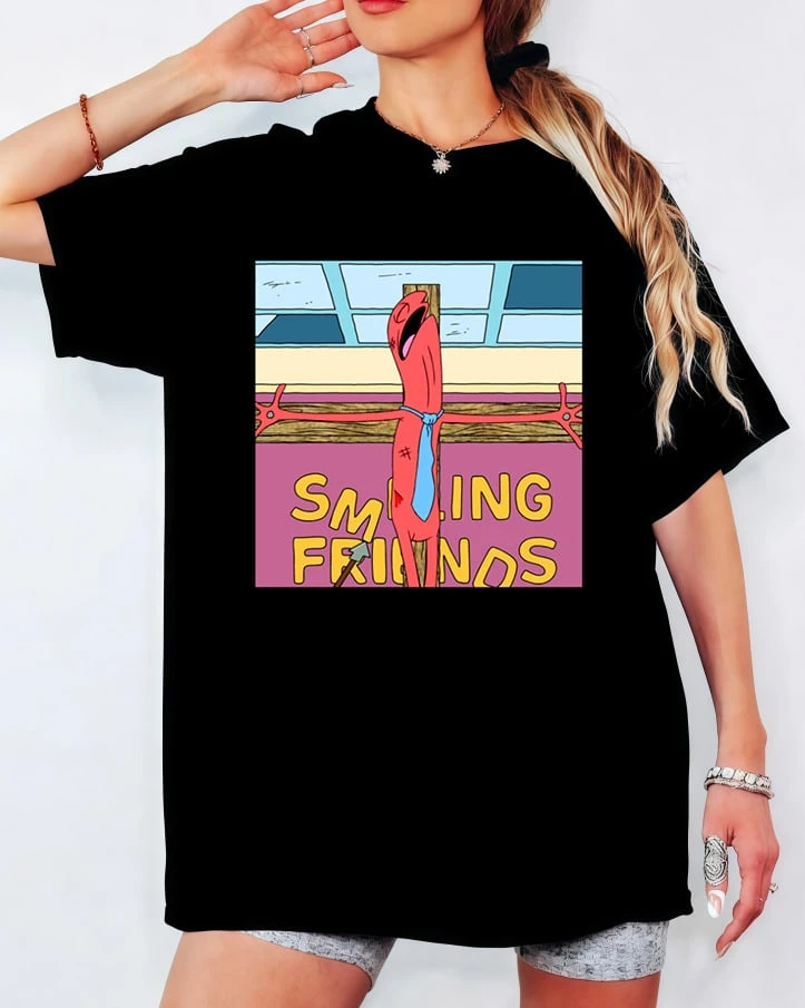 Smiling Friends Alan The Red Guy T-Shirt, Funny Cartoon Print, Unisex Casual Top - Black - View 1