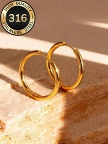 18K Gold Plated 316 Stainless Steel Hoop Earrings, Hypoallergenic Titanium Steel Earrings, Minimalist Versatile Hoop Earrings, Waterproof Jewelry For Women. Suitable For Summer Beach, Daily Commute, Work, Dating. Great Gift For Girlfriend, Best Friend On Valentine's Day, Birthday, Graduation. - Hoop - View 4