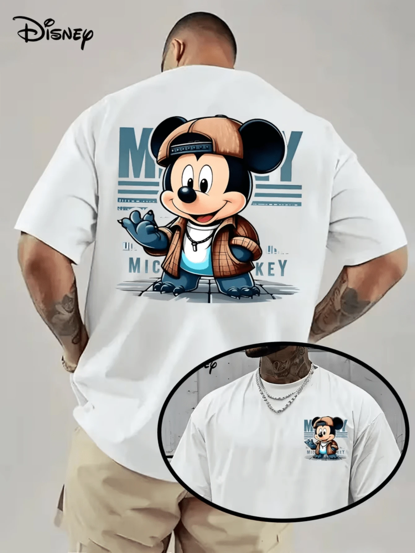 (Disney Licensed)Disney Mickey Mouse Men's T-Shirt, Streetwear Mickey With Cap Graphic Tee, Oversized Crew Neck Short Sleeve Casual Streetwear T-Shirt, Cool Mickey In Jacket And Necklace Print Men's Summer Top, Disney Officially Authorized Men's Short-Sleeved T-Shirts, Mens Clothes, Men, Ropa De Hombre, Summer Clothes, Men Shirts, Graphic Tees, Disney Outfits Men, Graphic Tees, Camisetas Para Hombre, Camisas Para Hombre, Summer Outfits For Men, Father's Day Gift, Perfect Gift For Family And Friends, Which Are Necessary For Birthday Parties, Disney Shirts, Mens Clothes, Summer Clothes, Officially Licensed Disney T-Shirts, Disney Men's And Women's Spring/Summer Fashion Casual Short-Sleeve T-Shirts - 白色 - 查看 1