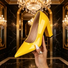 Chunky Heeled Pointed-Toe Shoes In Multiple Colors, Glossy Patent Leather, Low-Cut, Versatile And Elegant Women's Shoes. - 淺黃色 - 查看 4