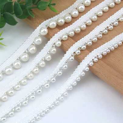 Dây ren thêu tua rua đính ngọc trai trắng, dài 1/2/5 thước - Phụ kiện trang phục thanh lịch, trang trí tiệc cưới, trang trí nhà cửa, làm chao đèn, sản xuất quần áo. Dây ren thêu tua rua đính ngọc trai.
