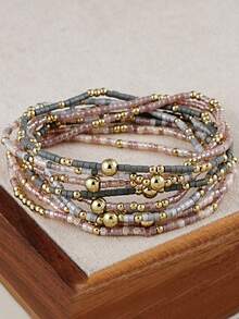 9pcs Bohemian Handmade Beaded Elastic Bracelet Set, Multi-Layer Stackable Bracelets, Suitable For Women's Daily, Vacation, Party Wear (Random Beads) - Multicolor 1 - View 1