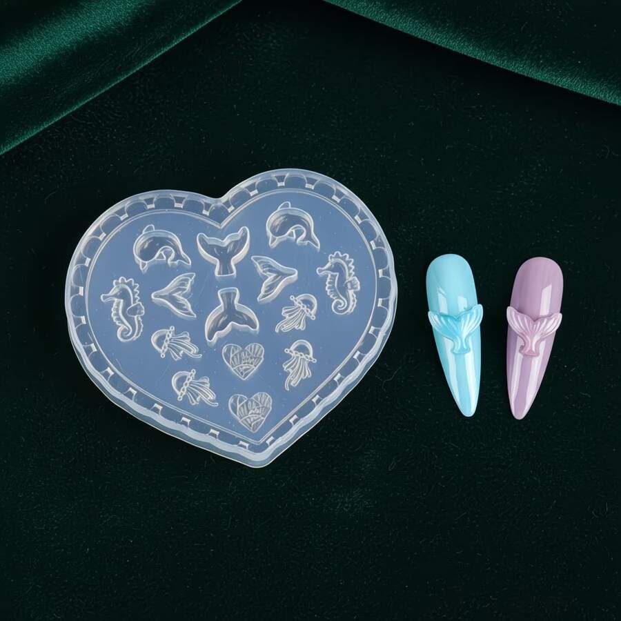 3D硅胶美甲模具,多种海洋动物造型,包括海豚、海马、水母、鱼尾等,柔韧耐用的透明硅胶材质,适用于UV凝胶、延长凝胶和丙烯酸粉,是美甲沙龙和DIY家居项目的理想之选,可打造可爱的3D夏季海洋主题美甲装饰,适合梯形、杏仁形、方形和椭圆形指甲。 - 彩色 - 查看 1