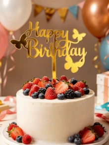 1/3pcs Gold "Happy Birthday" Acrylic Cake Topper With Butterfly, Unique Sparkling Design Suitable For Parties, Adult Birthdays And Anniversaries. Great For Decorating Cupcakes, Dessert Tables And Baking. Essential For Celebrations. - A - View 1