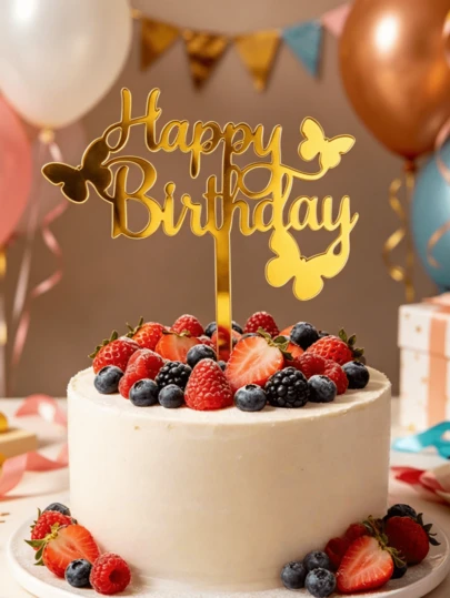 1/3件装金色“生日快乐”亚克力蛋糕装饰插牌，蝴蝶图案，独特闪亮设计，适用于派对、成人礼和周年纪念日。完美装饰纸杯蛋糕、甜点桌和烘焙食品。节日庆典必备。