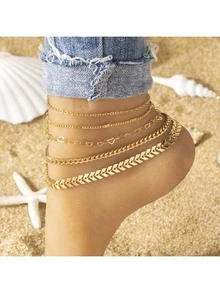 Wis Set de 5 piezas de tobillera de cobre brillante hecha a mano con colgante de corazón hueco multicapa, adecuada para mujeres, uso en playa, fiesta, joyería para los pies, accesorio, regalo para amigos - Amarillo Oro - Ver 4