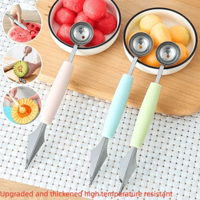 Stainless Steel Double-Headed Fruit Carving Spoon, Green/Pink/Blue, Ice Cream Scoop, DIY Salad & Dessert Wavy Decor, Creative Watermelon & Melon Baller, Multifunctional Kitchen Tool