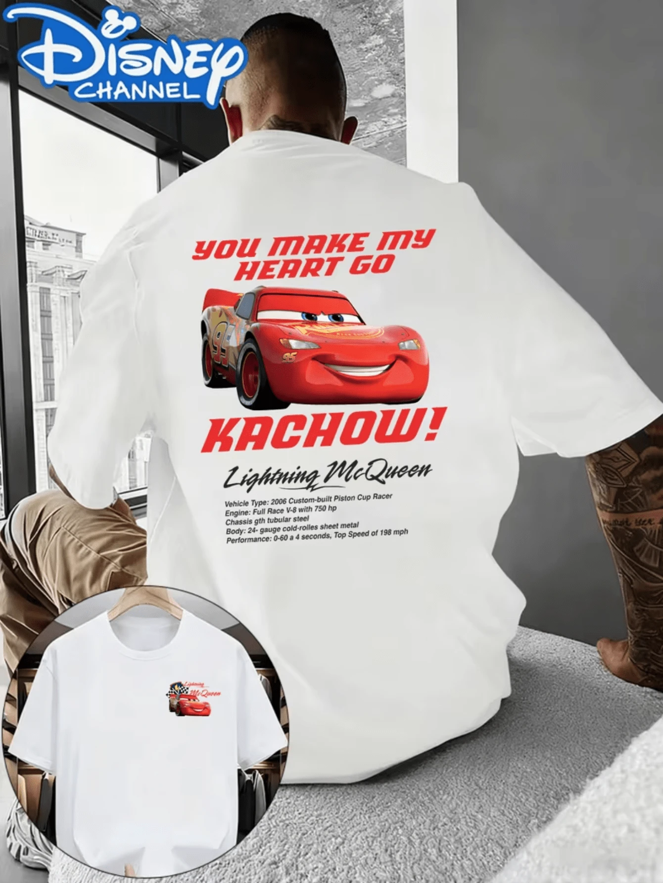 (Disney Licensed)Disney Cars Men's T-Shirt, Lightning McQueen "KACHOW!" Graphic Tee, Oversized Crew Neck Short Sleeve Casual Streetwear T-Shirt, Lightning McQueen With Funny Quote And Car Specs Print Men's Summer Top, Disney Officially Authorized Men's Short-Sleeved T-Shirts, Mens Clothes, Men, Ropa De Hombre, Summer Clothes, Men Shirts, Graphic Tees, Disney Outfits Men, Graphic Tees, Camisetas Para Hombre, Camisas Para Hombre, Summer Outfits For Men, Father's Day Gift, Perfect Gift For Family And Friends, Which Are Necessary For Birthday Parties, Disney Shirts, Mens Clothes, Summer Clothes, Officially Licensed Disney T-Shirts, Disney Men's And Women's Spring/Summer Fashion Casual Short-Sleeve T-Shirts - 白色 - 查看 1