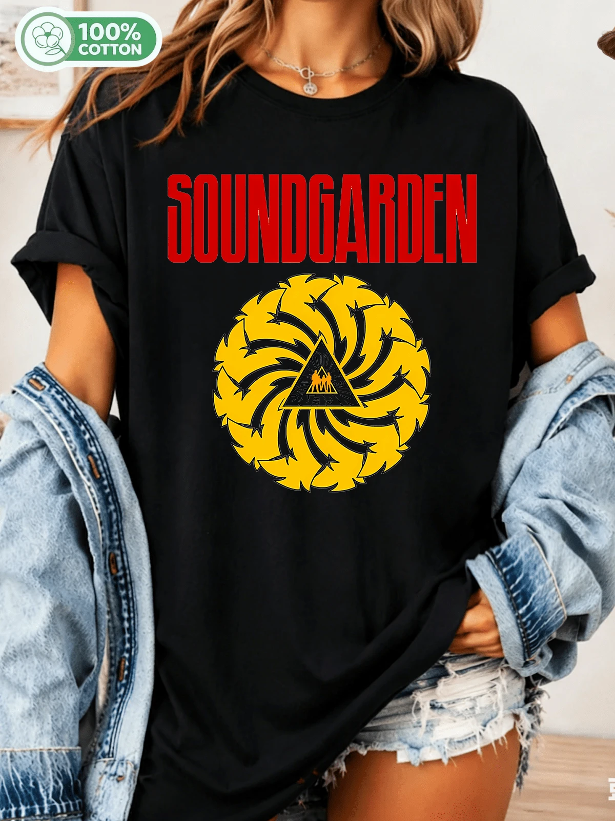 Soundgarden Spiral Logo Grafisk T-shirt, Grunge Rock Band Unisex Bomulls T-shirt, Retro Musik Streetwear Topp - Svart - Visa 1