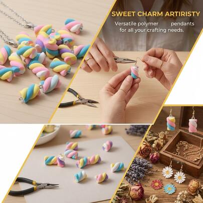 Bộ 10 mặt dây chuyền nhựa hình xoáy kẹo 9x17mm, màu cầu vồng pastel, được trộn ngẫu nhiên, dùng để tự làm trang sức như vòng cổ, vòng tay, bông tai. Quà tặng sinh nhật