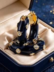 Women's Gold-Plated Hoop Earrings, Black Enamel Inlaid Zirconia, Minimalist Classic Design, Suitable For Daily Commute And Workwear, An Ideal Gift For Fashion Enthusiasts - Gold - View 4