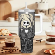 40oz Tumbler, Nightmare Before Christmas Skeleton Design Stainless Steel Travel Mug With Lid & Straw, Gothic Halloween Cup, Gift For Tim  Fans - trắng - Xem 6