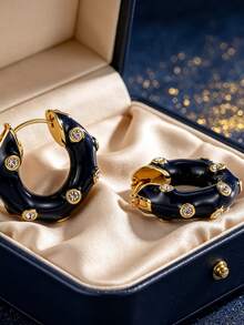 Women's Gold-Plated Hoop Earrings, Black Enamel Inlaid Zirconia, Minimalist Classic Design, Suitable For Daily Commute And Workwear, An Ideal Gift For Fashion Enthusiasts - Gold - View 2
