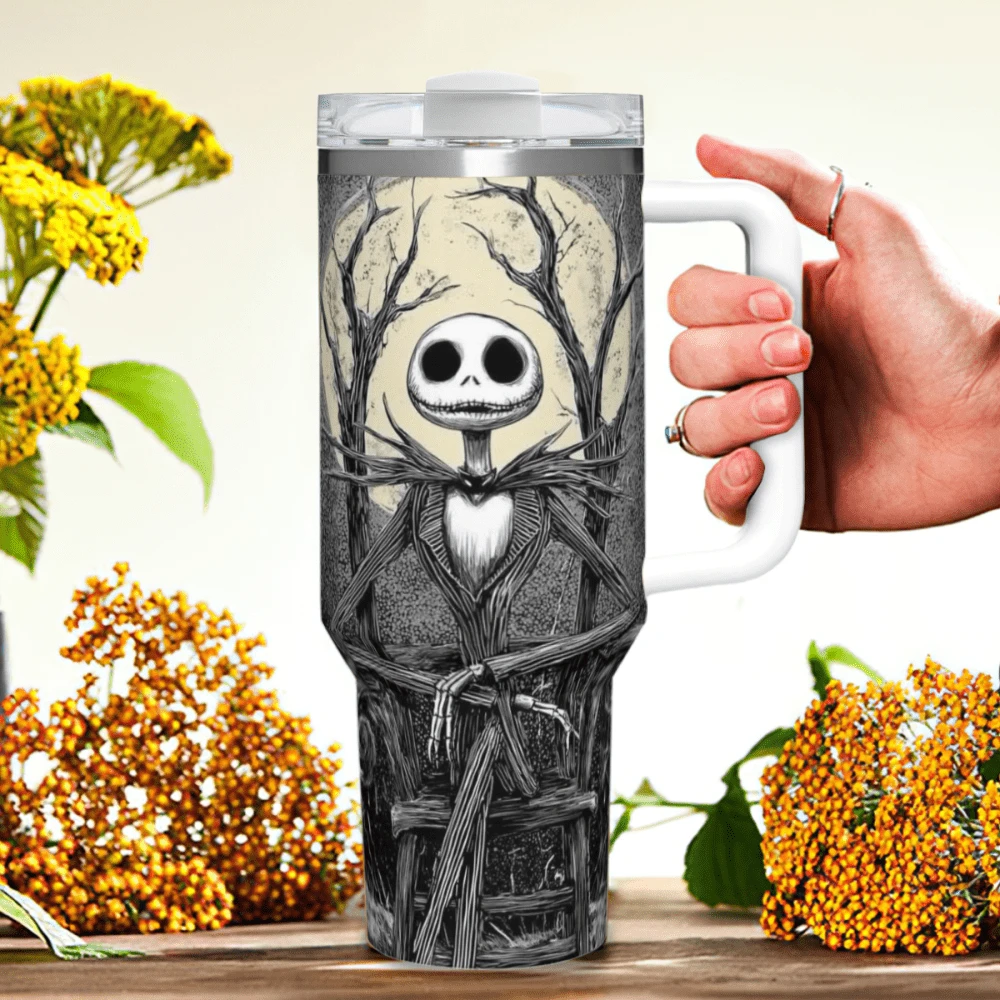 40oz Tumbler, Nightmare Before Christmas Skeleton Design Stainless Steel Travel Mug With Lid & Straw, Gothic Halloween Cup, Gift For Tim  Fans - trắng - Xem 1