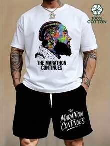 Men's Hip Hop Style "The Marathon Continues" Print T-Shirt & Shorts Co-Ord Set, 100% Cotton Summer Casual Outfit.Graphic Tees.Cotton Graphic Tees.Shorts Men.Summer Outfits For Men.Mens Clothes.Summer.Summer Tops - trắng - Xem 1