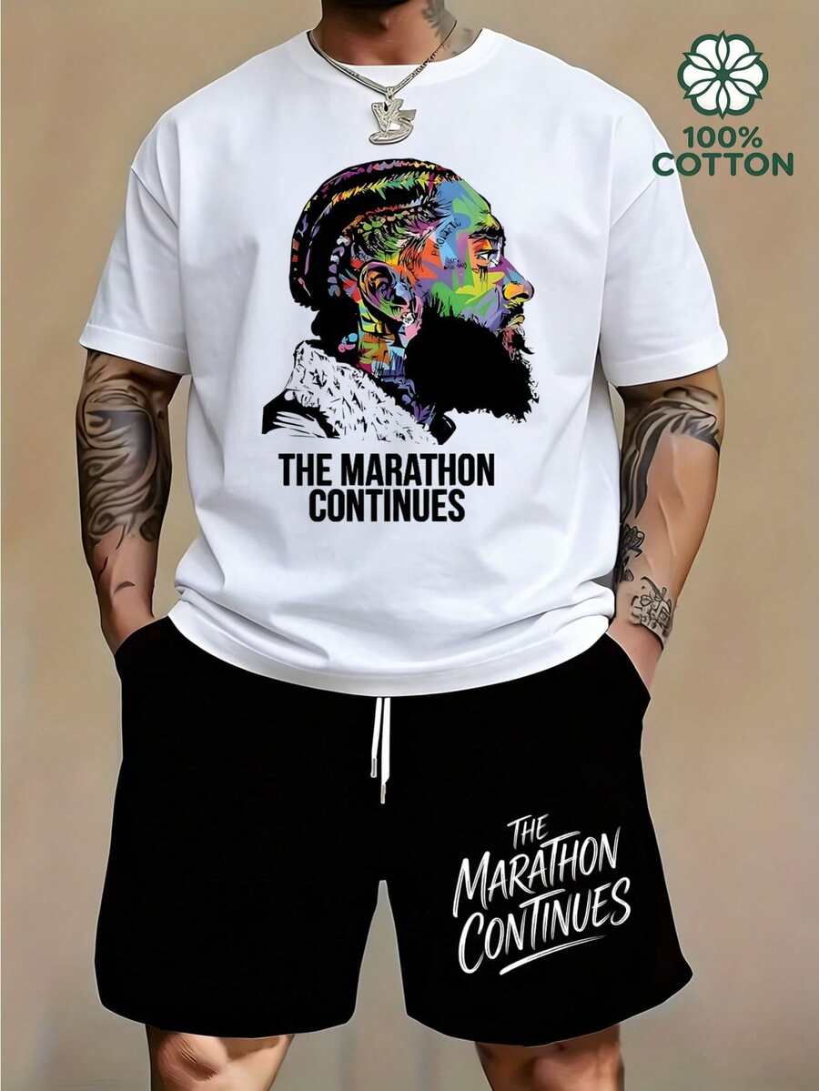 Men's Hip Hop Style "The Marathon Continues" Print T-Shirt & Shorts Co-Ord Set, 100% Cotton Summer Casual Outfit.Graphic Tees.Cotton Graphic Tees.Shorts Men.Summer Outfits For Men.Mens Clothes.Summer.Summer Tops - trắng - Xem 1