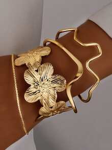 Ensemble de 4 bracelets à motif floral, européen et américain, manchette ouverte, design minimaliste et élégant. - Or jaune - Voir 3
