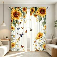 2pcs Rustic Style Curtains, Butterfly And Sunflower Pattern, Rod Pocket Design For Privacy Protection, Polyester Material, Suitable For Seasonal Parties And Holiday Decorations, Applicable To Bedroom, Living Room, Tea Room, Dining Room And Other Multiple Scenes. 2D Pattern Design, Spring Decoration Curtains - Multicolor - View 2