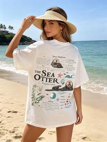 Retro Otter Print T-Shirt - Short-Sleeved Crew Neck Casual Top, Lightweight And Breathable, Suitable For Spring And Summer Wear, Machine Washable, Brightly Colored Printed Short-Sleeved Shirt | Spring Everyday Wear, Vacation Outfits, Women's Summer Clothes, Summer - trắng - Xem 2