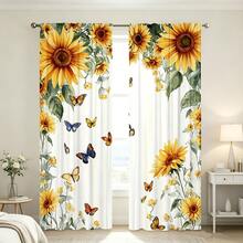 2pcs Rustic Style Curtains, Butterfly And Sunflower Pattern, Rod Pocket Design For Privacy Protection, Polyester Material, Suitable For Seasonal Parties And Holiday Decorations, Applicable To Bedroom, Living Room, Tea Room, Dining Room And Other Multiple Scenes. 2D Pattern Design, Spring Decoration Curtains - Multicolor - View 5