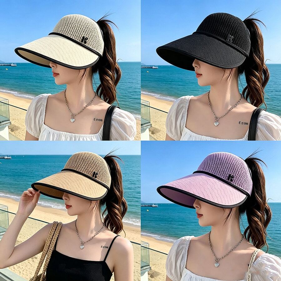 1pc Women's Solid Color Knitted Wide Brim Sun Hat, Breathable Mesh Top, Letter Logo, Suitable For Outdoor Activities, Spring/Summer,Holiday,Festival - K Mark Visor - View 1