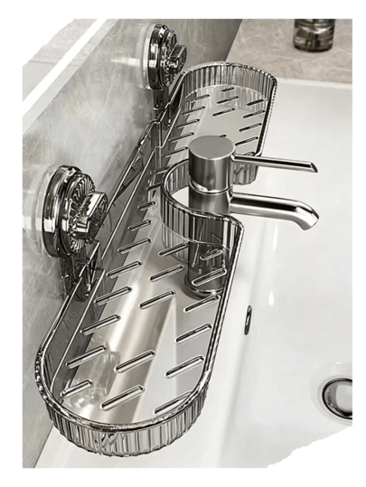 1 pieza Estante de almacenamiento de grifo sin perforación, negro transparente montado en la pared con accesorios, simple y elegante, espacioso, adecuado para baños/cocinas. Almacena artículos de tocador, cosméticos e ingredientes de cocina.