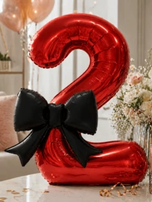 1套大號紅色數字箔氣球0-9搭配黑色蝴蝶結氣球裝飾，女性生日派對氣球，週年紀念裝飾，迷人拍照背景，婚禮節日慶祝用品，派對道具裝飾套裝 - 紅色 - 查看 3