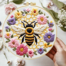 1 Set Handmade DIY Embroidery Kit, 20x20cm/7.9x7.9 Inches, Bee & Floral Pattern, Includes Embroidery Fabric, Instruction Manual, Embroidery Hoop, Needle & Thread, Suitable For Holiday Gifts, Home & Office Handmade Artwork, Gift For Friends Or Family - CXP0551-20X20 - View 9