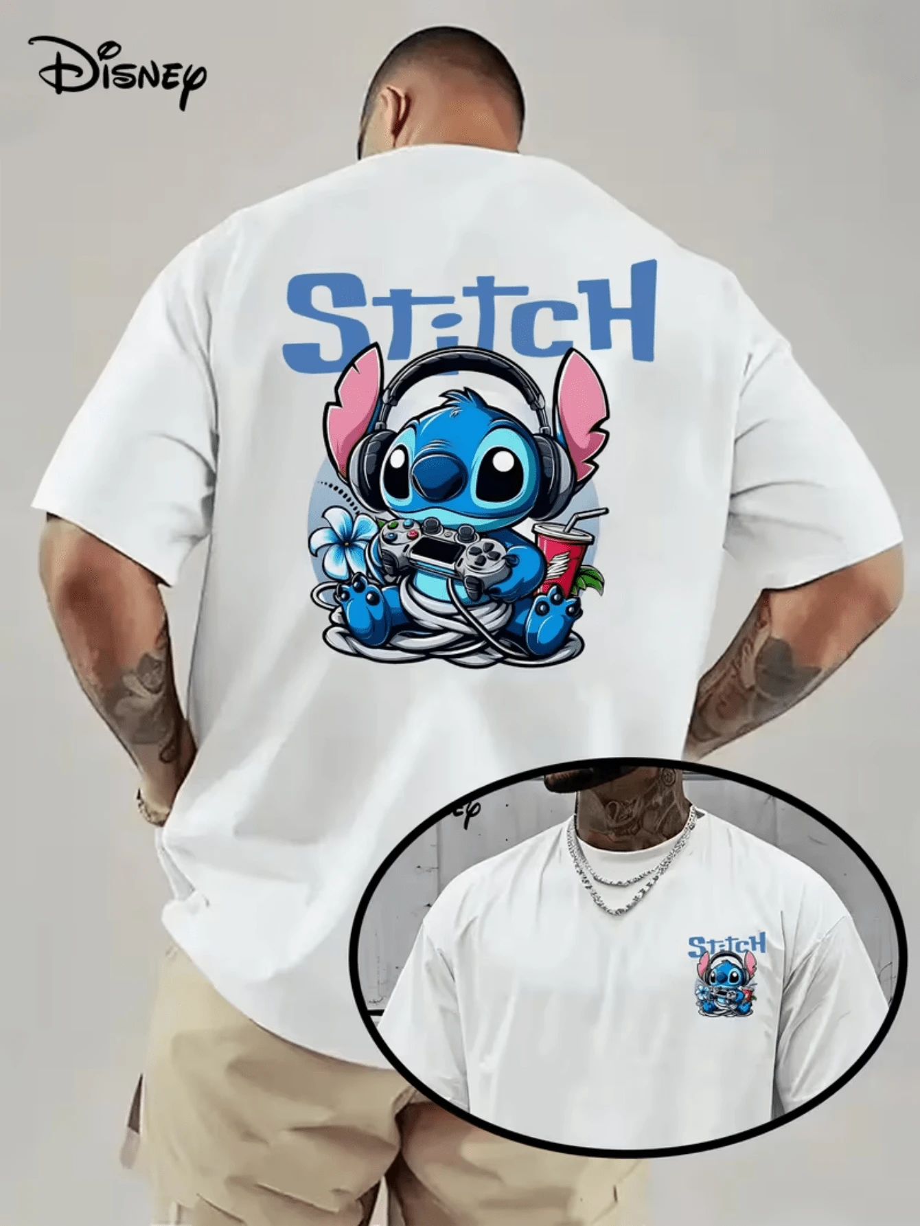 (Disney Licensed)Disney Lilo & Stitch Men's T-Shirt, Gaming Stitch With Headphones Graphic Tee, Oversized Crew Neck Short Sleeve Casual Streetwear T-Shirt, Cool Stitch Playing Video Games Print Men's Summer Top, Disney Officially Authorized Men's Short-Sleeved T-Shirts, Mens Clothes, Men, Ropa De Hombre, Summer Clothes, Men Shirts, Graphic Tees, Disney Outfits Men, Graphic Tees, Camisetas Para Hombre, Camisas Para Hombre, Summer Outfits For Men, Father's Day Gift, Perfect Gift For Family And Friends, Which Are Necessary For Birthday Parties, Disney Shirts, Mens Clothes, Summer Clothes, Officially Licensed Disney T-Shirts, Disney Men's And Women's Spring/Summer Fashion Casual Short-Sleeve T-Shirts - trắng - Xem 1