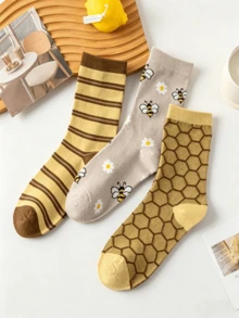 3 đôi tất cổ cao họa tiết ong, thiết kế dễ thương và vui nhộn, thoáng khí và đa năng, tất casual đẹp mắt, unisex. - Nhiều màu - Xem 3