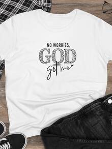 Camiseta de Mujer God got me Cómoda Cuello Redondo Casual Mezcla de Algodón Manga Corta Suave y Transpirable Top Ropa de Mujer Camiseta Verano Primavera Streetwear Tela - Blanco - Ver 2