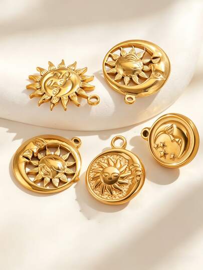 5PCS European & American Style Sun Moon Face Pendant, Niche Design Necklace Accessories, Versatile Gold Jewelry Charm Pendant