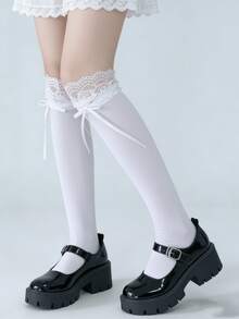 1 đôi tất ren xếp ly nơ kiểu Lolita màu hồng/xanh dương/trắng, thích hợp cho mùa xuân/hè. - Nhiều màu - Xem 2