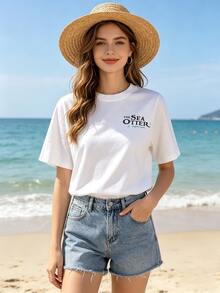 Retro Otter Print T-Shirt - Short-Sleeved Crew Neck Casual Top, Lightweight And Breathable, Suitable For Spring And Summer Wear, Machine Washable, Brightly Colored Printed Short-Sleeved Shirt | Spring Everyday Wear, Vacation Outfits, Women's Summer Clothes, Summer - trắng - Xem 5