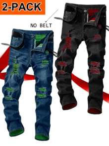 2-Pack Men's Street Style Ripped Stretch Slim Fit Straight Leg Jeans - Blue + Black - View 1