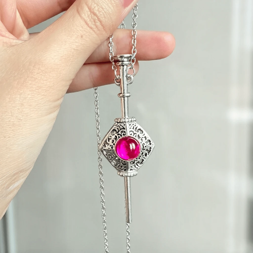 1pc Unique Magic Wand Pendant Necklace, Pink Glass Scepter Keychain Magical Necklace, Party Jewelry Accessory Gift - Silver - View 1