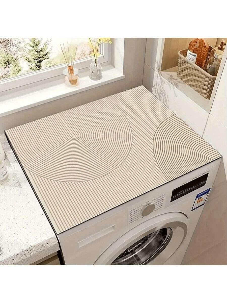 1 Paquete Cubierta protectora antideslizante y de secado rápido con diseño geométrico moderno a rayas para lavadora y secadora | Cubierta superior de color crema de alta absorbencia, película protectora para la superficie vertical de la lavadora, diseño antideslizante duradero y apariencia decorativa para protección de la superficie del electrodoméstico de cocina