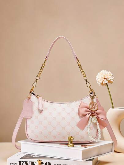 Brand New Fashionable High-Quality PU Material, Pink Bow Pendant Design, Metal Zipper Closure, Adjustable Metal Chain Strap On Top, Elegant And Stylish, Suitable For Shoulder, Handheld Or Crossbody, Perfect For Commuting, Outings, Shopping, Dates And Daily Activities For Girls.