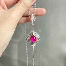 1pc Unique Magic Wand Pendant Necklace, Pink Glass Scepter Keychain Magical Necklace, Party Jewelry Accessory Gift - Silver - View 2