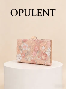 Pink Floral Sequin Embroidered Hard Case Clutch Bag, Elegant Sequin Flower Box Wallet With Detachable Chain Strap, Suitable For Weddings And Parties - Pink - View 2